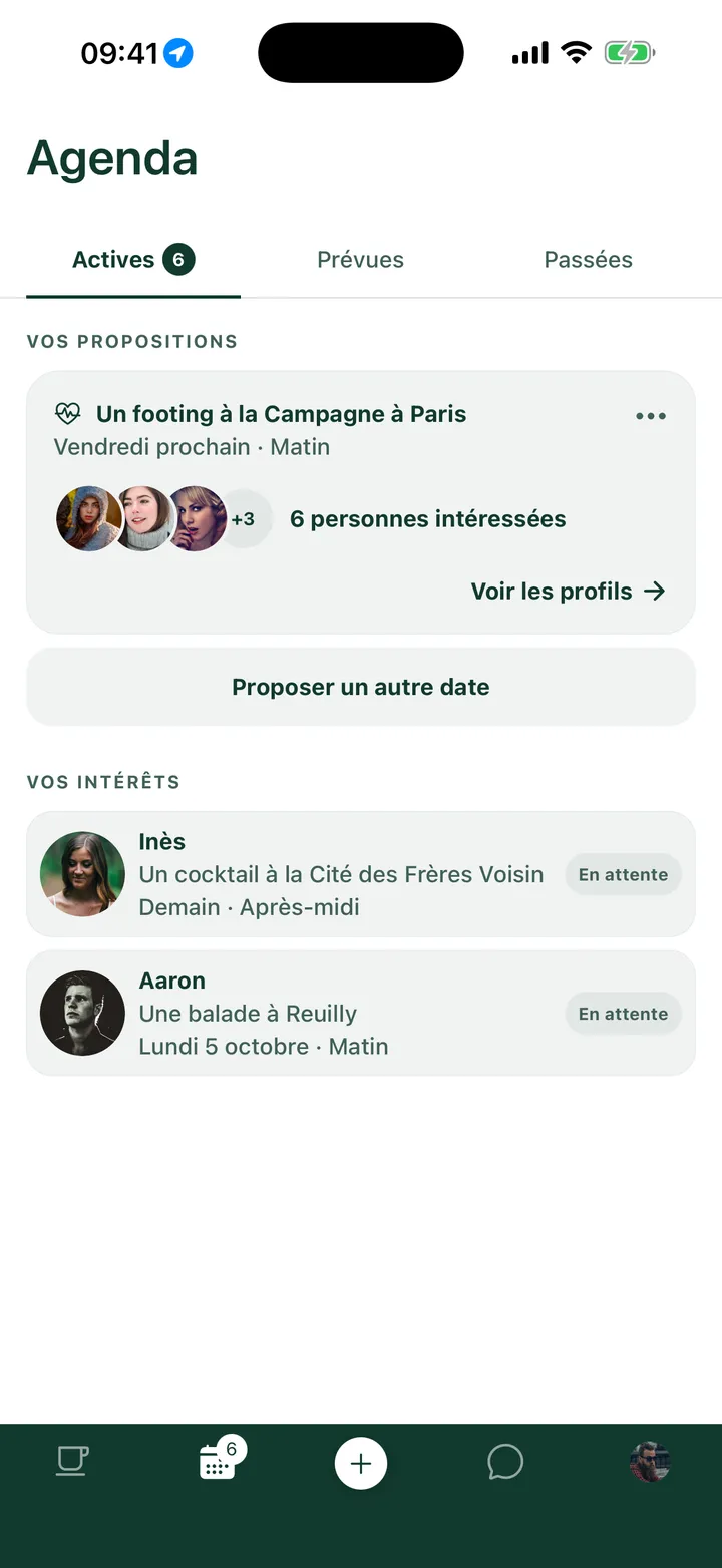 Agenda : un footing avec six personnes intéressées et deux demandes en attente.