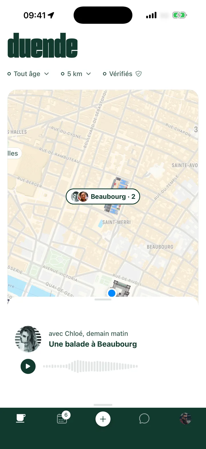 La carte de Beaubourg avec deux personnes qui y proposent quelque chose, et sous la carte la proposition de Chloé : une balade à Beaubourg, demain matin.